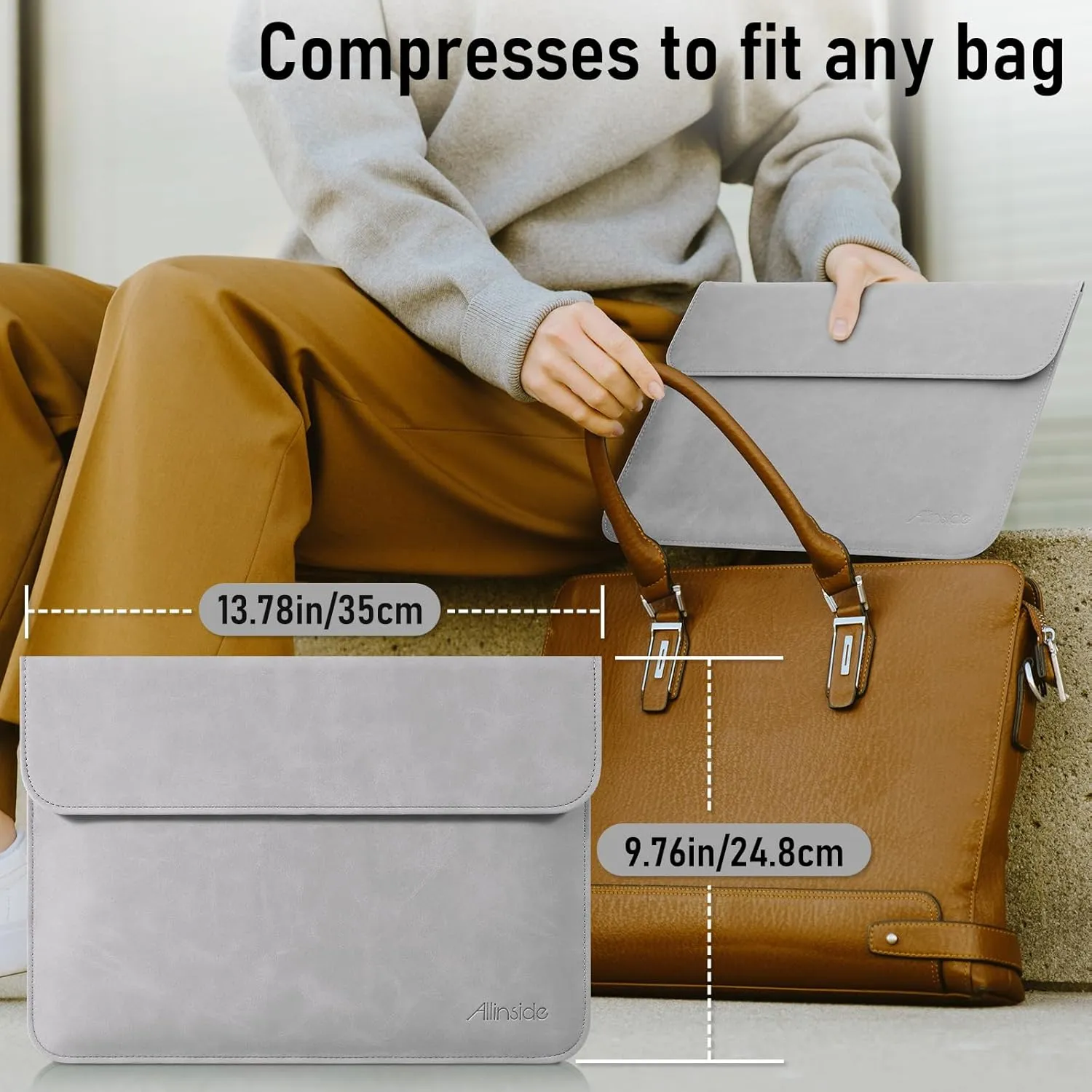 Allinside 13 Inch Laptop Sleeve Case for MacBook Air 13 2018-2024 (M2 A2681 M1 A2337)/ MacBook Pro 13 2016-2024 (M2 A2686 M1 A2338 A2251 A2289 A2159), PU Leather Envelope Laptop Case,Gray