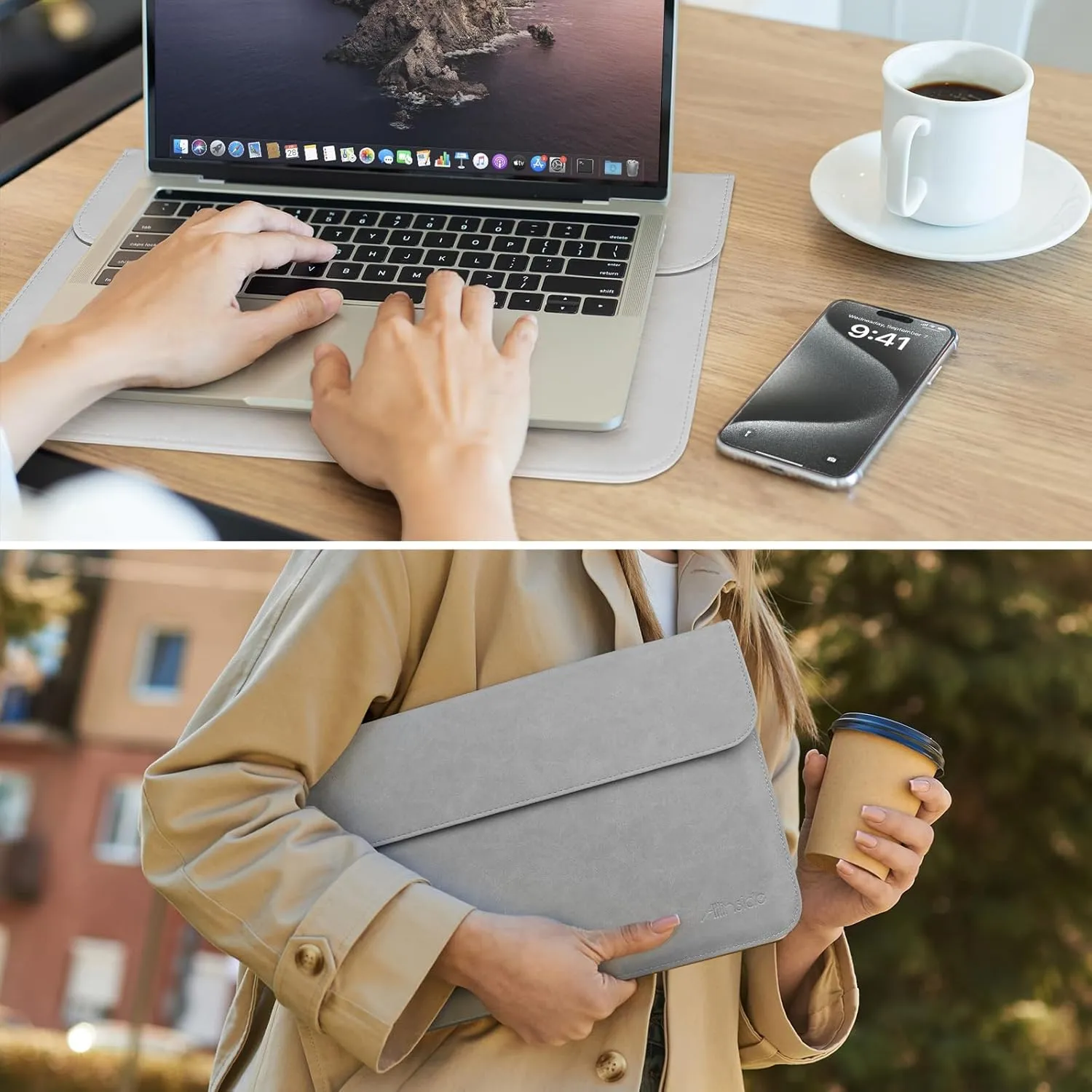 Allinside 13 Inch Laptop Sleeve Case for MacBook Air 13 2018-2024 (M2 A2681 M1 A2337)/ MacBook Pro 13 2016-2024 (M2 A2686 M1 A2338 A2251 A2289 A2159), PU Leather Envelope Laptop Case,Gray