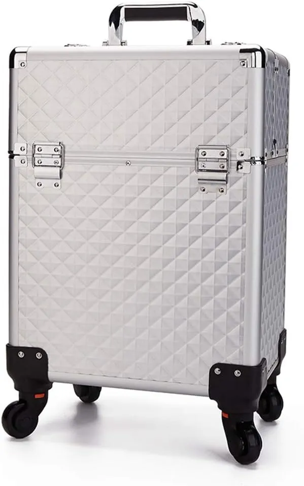 Aluminum Alloy Cosmetic Case Trolley with Wheel Beauty Vanity Case Salon Toolbox Multi-Layer Nail Storage Box (silver)