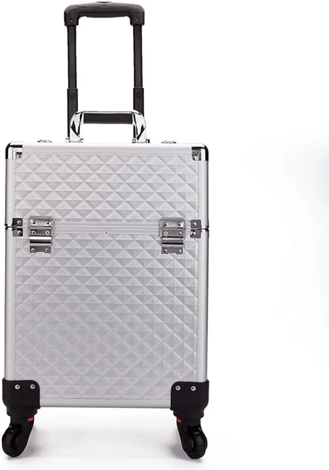 Aluminum Alloy Cosmetic Case Trolley with Wheel Beauty Vanity Case Salon Toolbox Multi-Layer Nail Storage Box (silver)