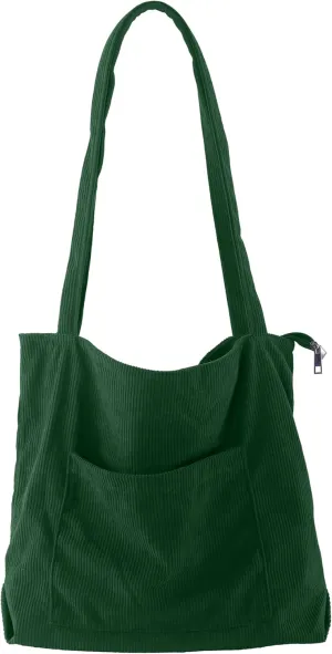 ALUWU Corduroy Tote Bag for Women with Front Pocket and Zipper
