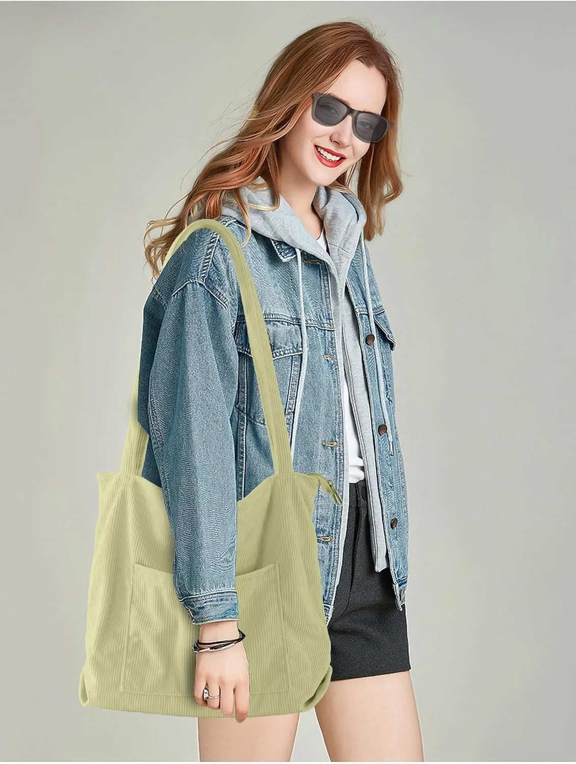 ALUWU Corduroy Tote Bag for Women with Front Pocket and Zipper