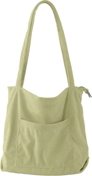 ALUWU Corduroy Tote Bag for Women with Front Pocket and Zipper