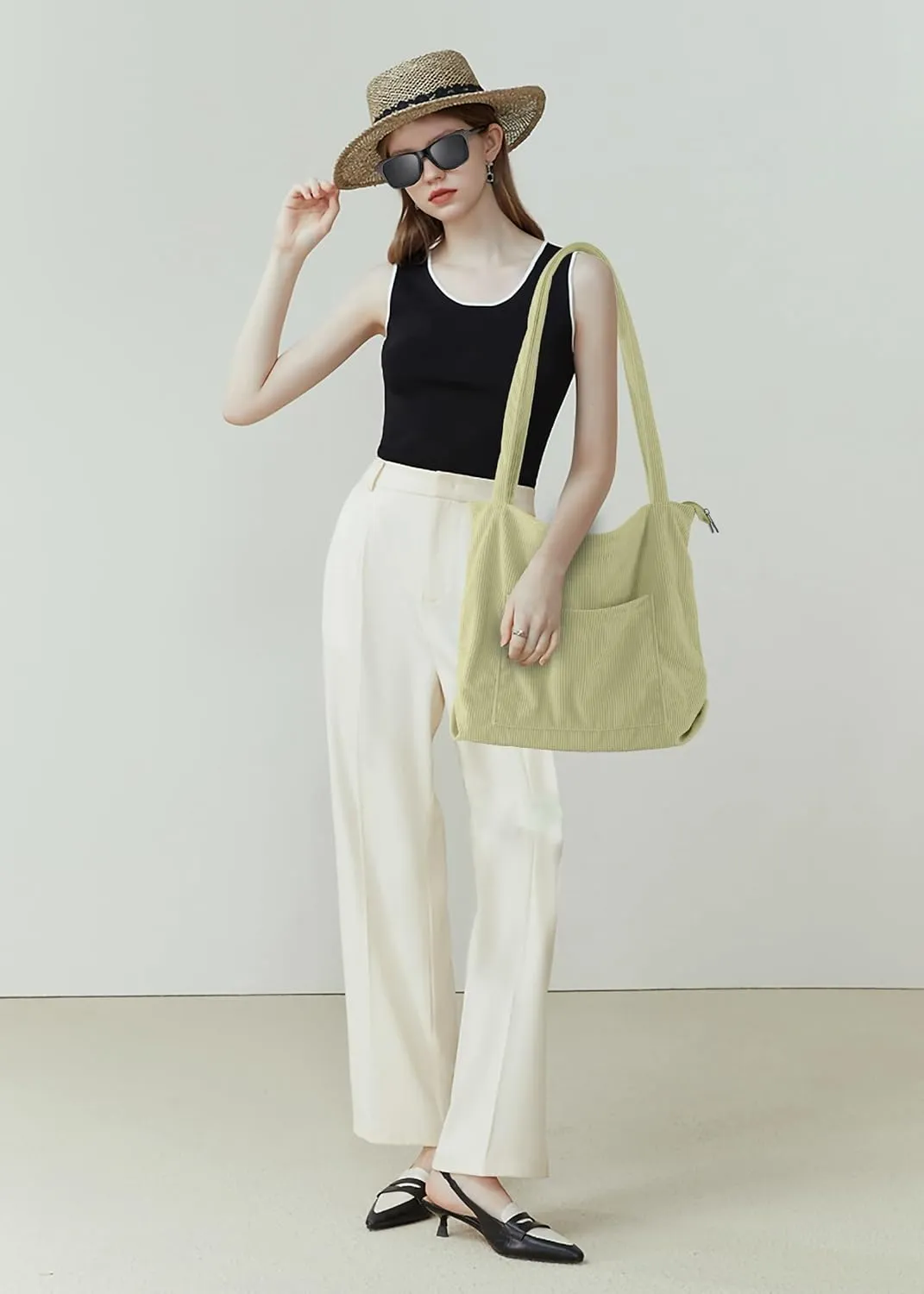 ALUWU Corduroy Tote Bag for Women with Front Pocket and Zipper