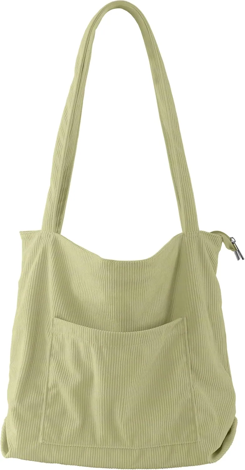 ALUWU Corduroy Tote Bag for Women with Front Pocket and Zipper