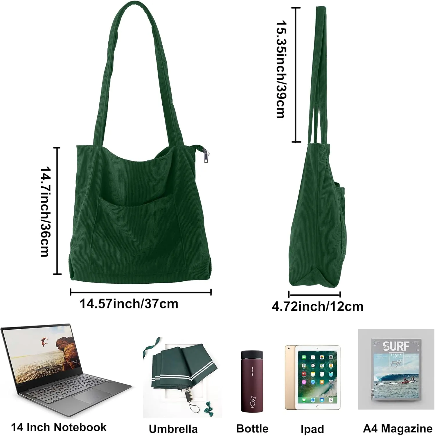 ALUWU Corduroy Tote Bag for Women with Front Pocket and Zipper
