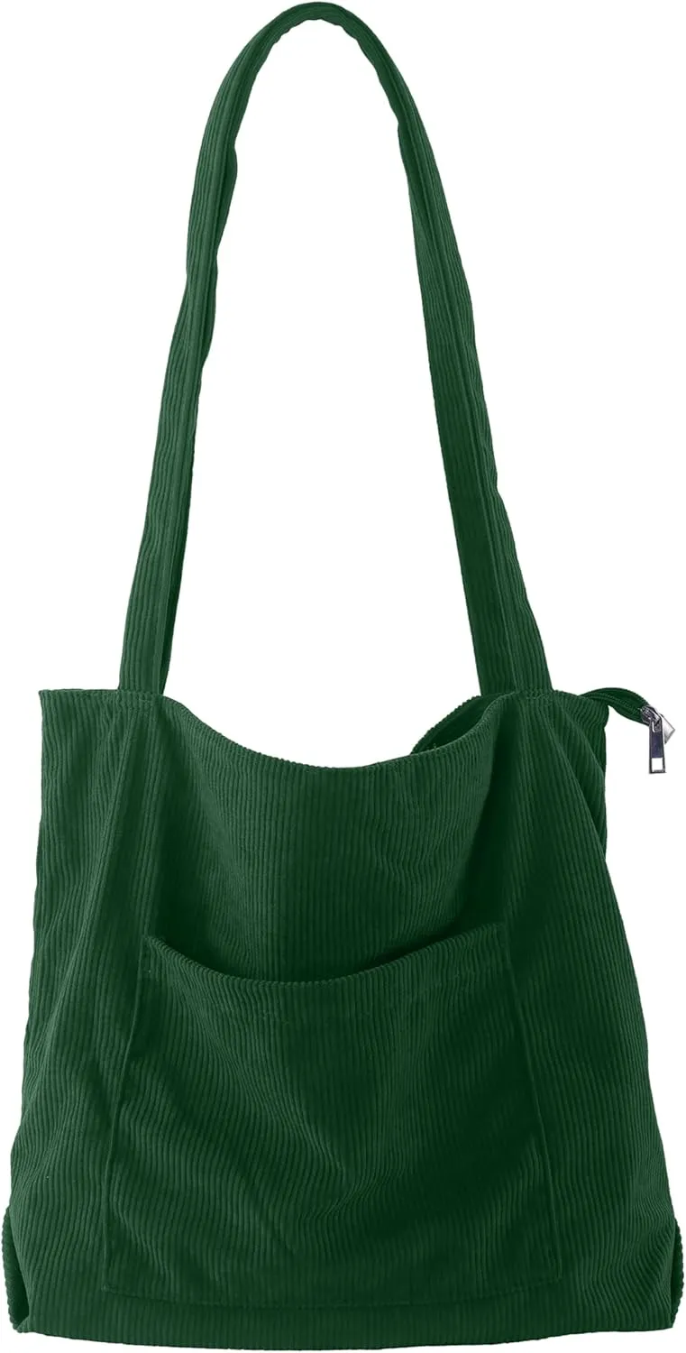 ALUWU Corduroy Tote Bag for Women with Front Pocket and Zipper