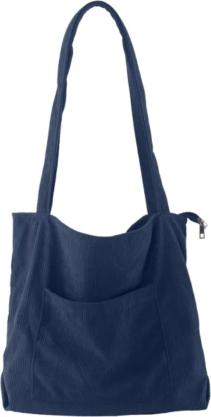 ALUWU Corduroy Tote Bag for Women with Front Pocket and Zipper