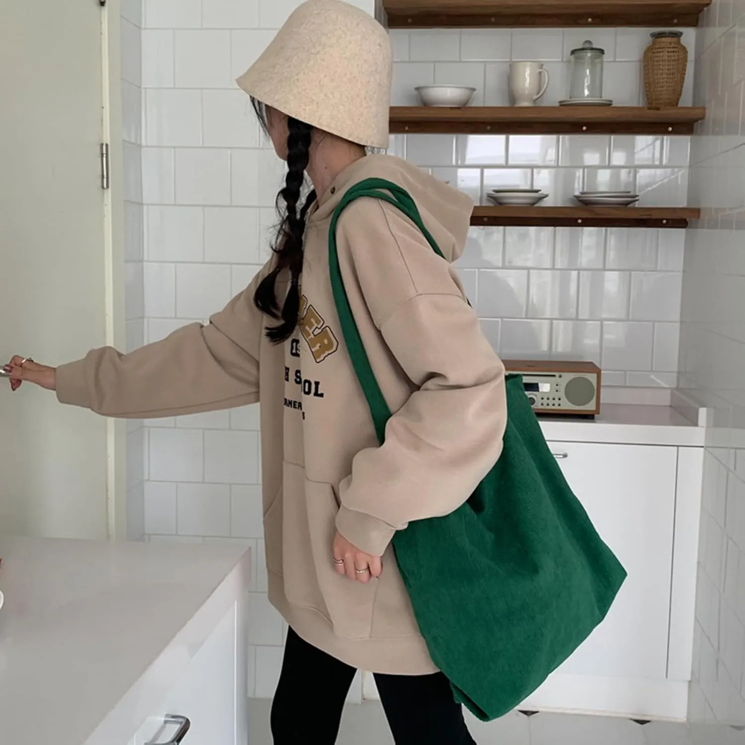 ALUWU Corduroy Tote Bag for Women with Front Pocket and Zipper