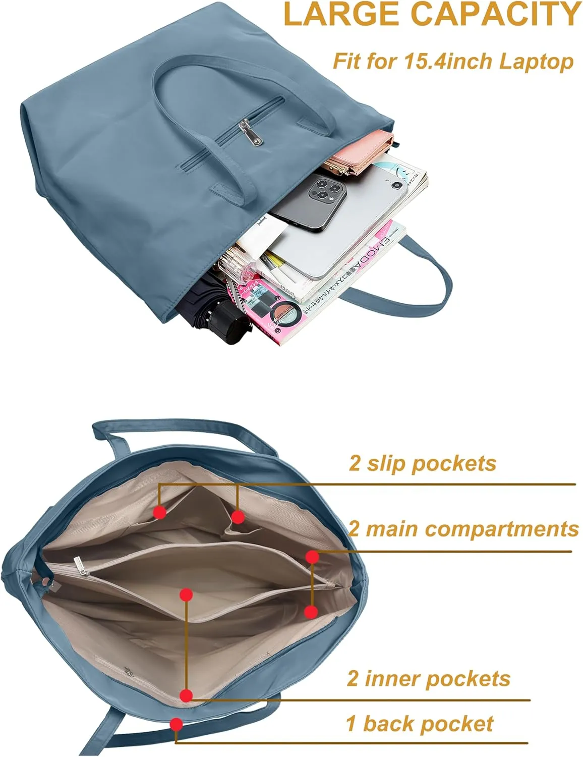 ALUWU Nylon Tote Bag for Women Waterproof Shoulder Handbag with Zipper