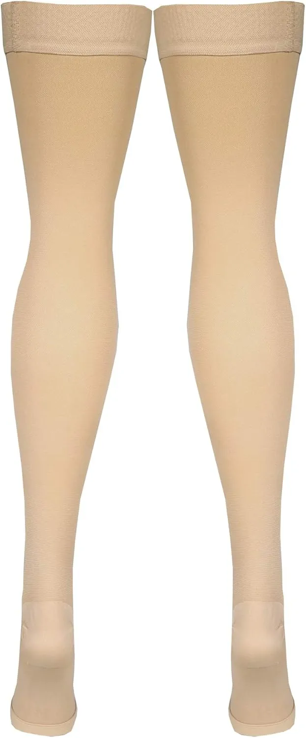 Amazon Basic Care Medical Compression Stockings, 20-30 mmHg Support, Women & Men Thigh Length Hose, Open Toe, Beige