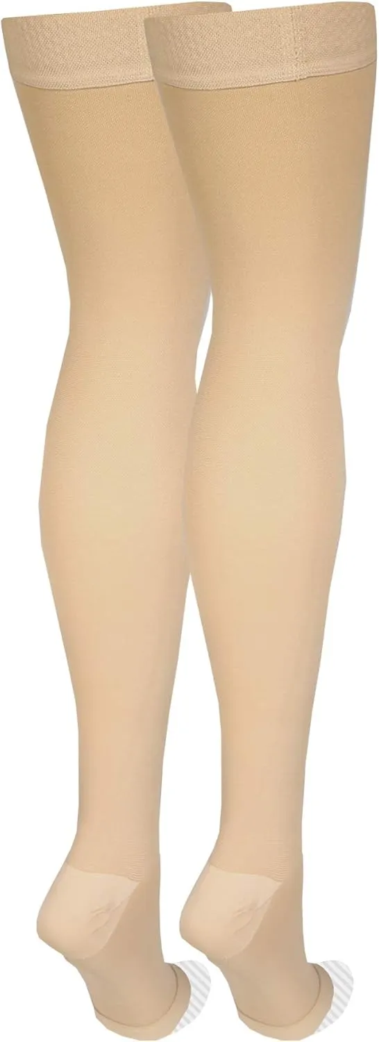 Amazon Basic Care Medical Compression Stockings, 20-30 mmHg Support, Women & Men Thigh Length Hose, Open Toe, Beige