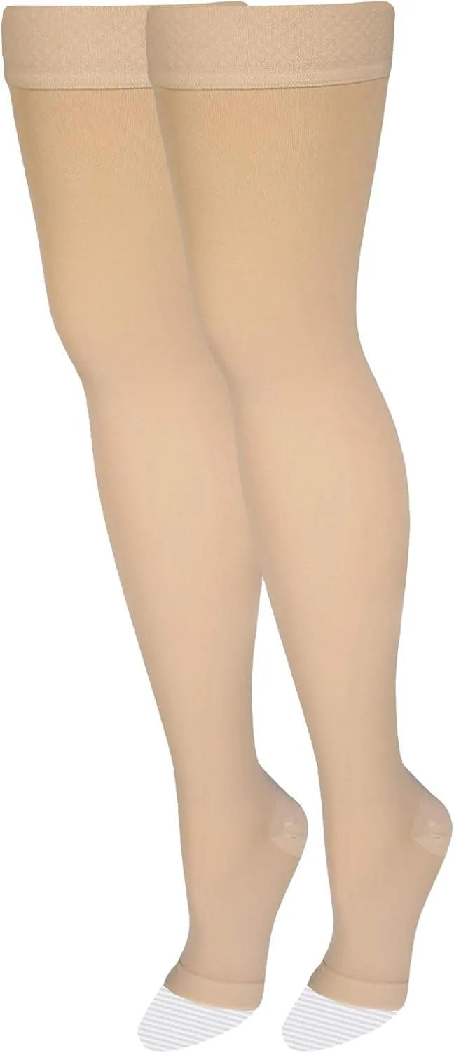 Amazon Basic Care Medical Compression Stockings, 20-30 mmHg Support, Women & Men Thigh Length Hose, Open Toe, Beige