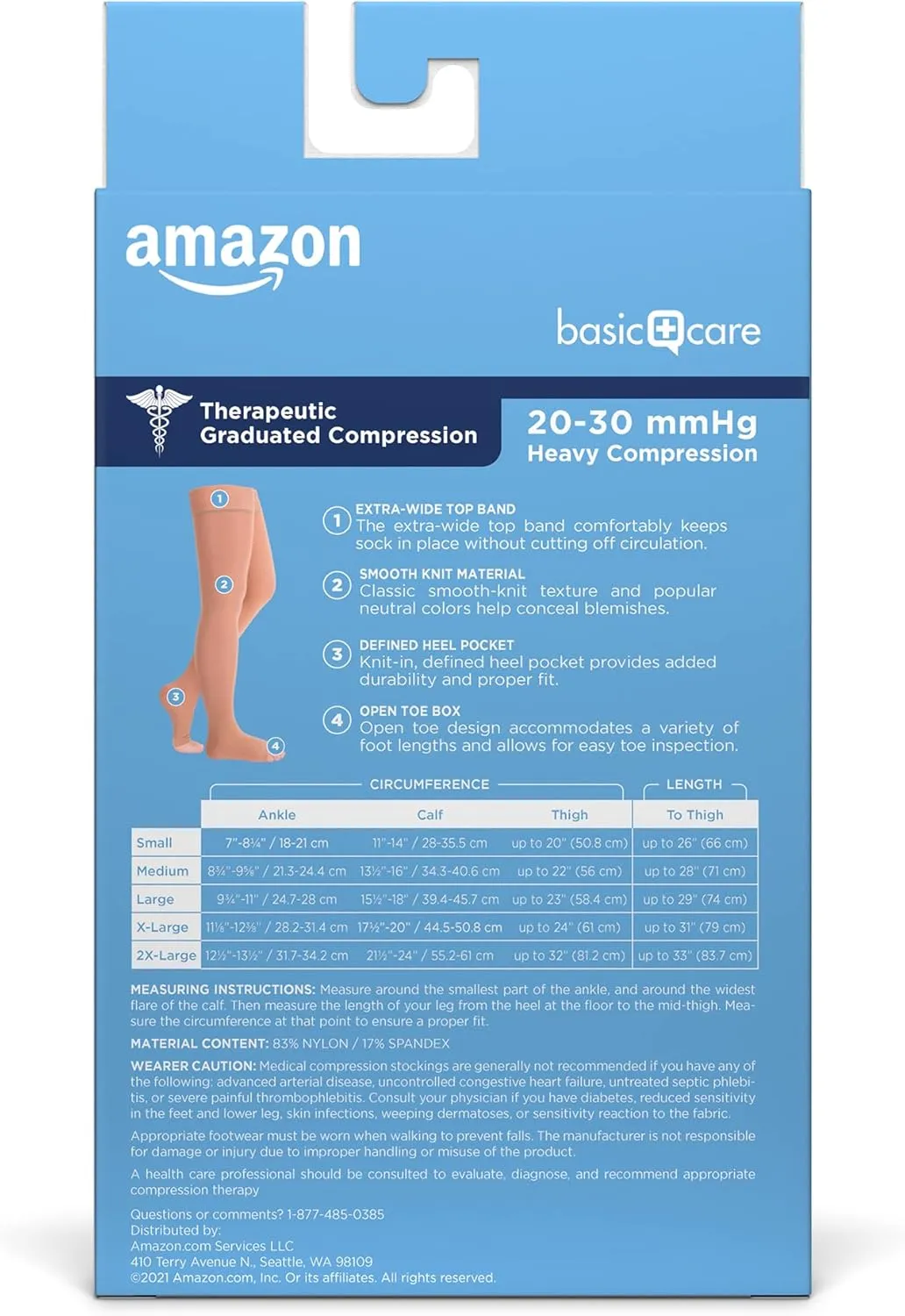 Amazon Basic Care Medical Compression Stockings, 20-30 mmHg Support, Women & Men Thigh Length Hose, Open Toe, Beige