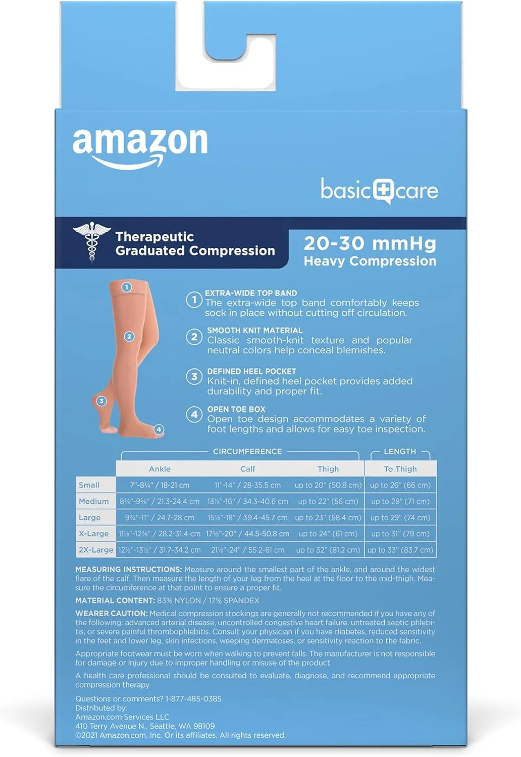 Amazon Basic Care Medical Compression Stockings, 20-30 mmHg Support, Women & Men Thigh Length Hose, Open Toe, Beige