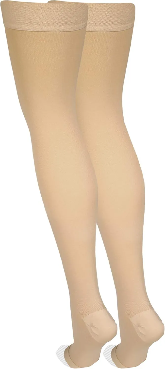 Amazon Basic Care Medical Compression Stockings, 20-30 mmHg Support, Women & Men Thigh Length Hose, Open Toe, Beige