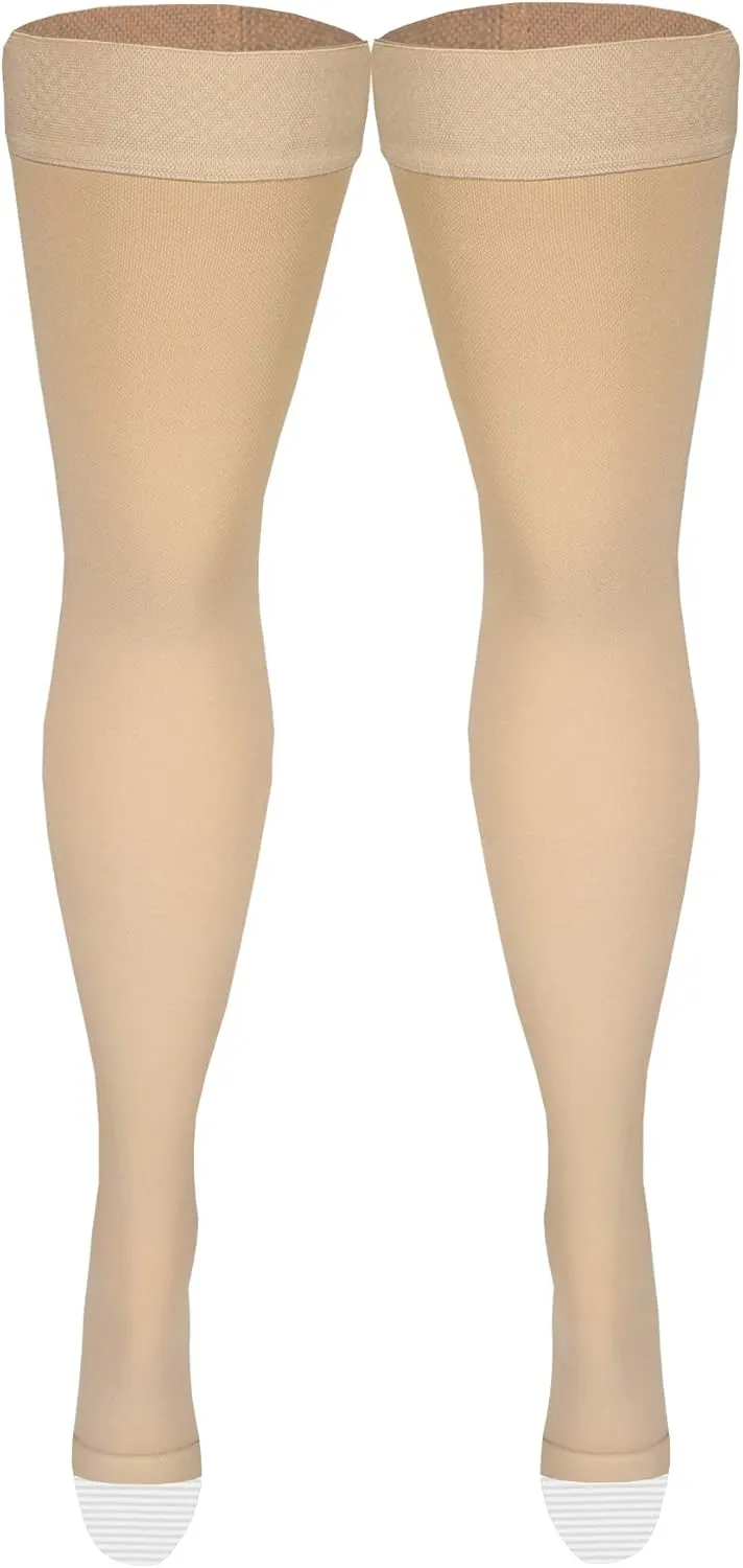 Amazon Basic Care Medical Compression Stockings, 20-30 mmHg Support, Women & Men Thigh Length Hose, Open Toe, Beige