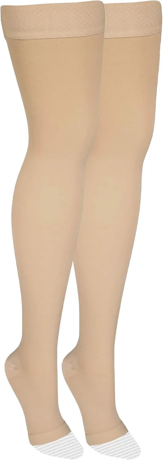 Amazon Basic Care Medical Compression Stockings, 20-30 mmHg Support, Women & Men Thigh Length Hose, Open Toe, Beige