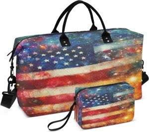 American Cosmic Flag Sports Gym Bag for Women Men Travel Duffel Bag Weekend Overnight Carry on Bag with Toiletry Bag Air Travel Bag for Workout Swimming Yoga Plane Hospital