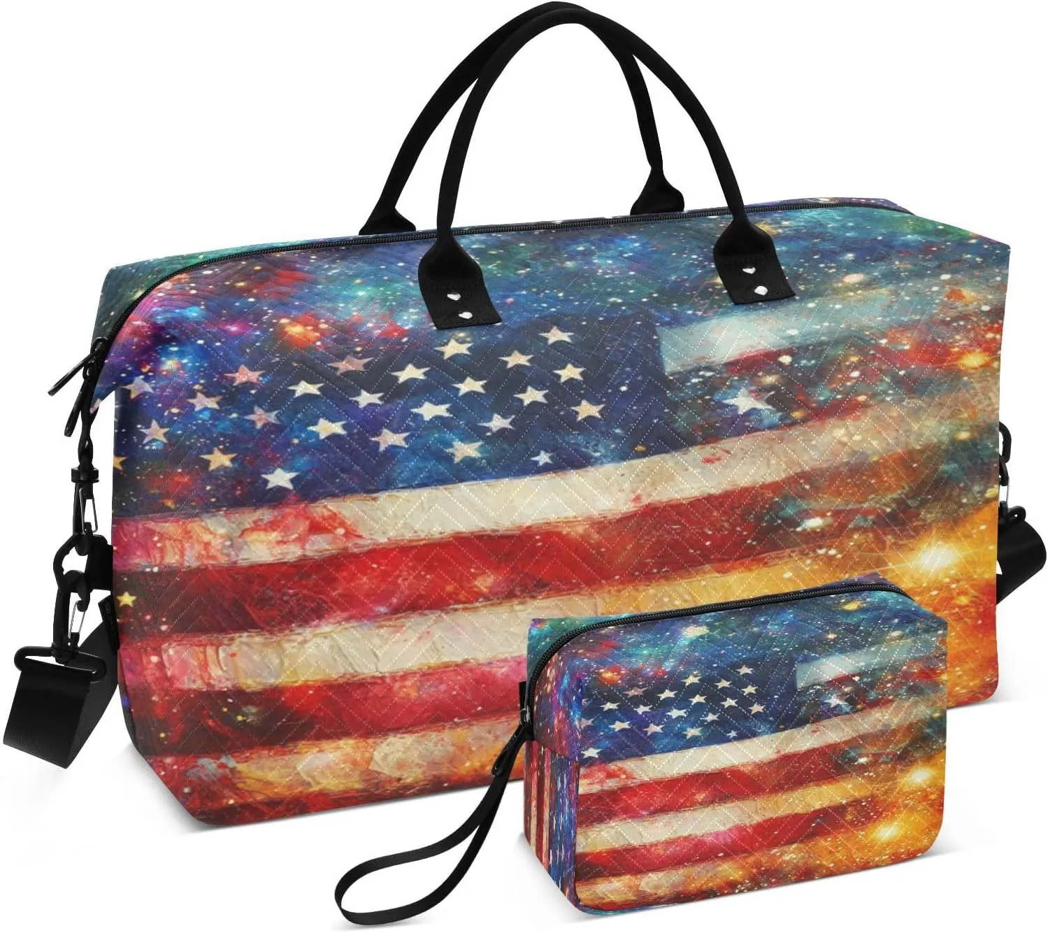 American Cosmic Flag Sports Gym Bag for Women Men Travel Duffel Bag Weekend Overnight Carry on Bag with Toiletry Bag Air Travel Bag for Workout Swimming Yoga Plane Hospital