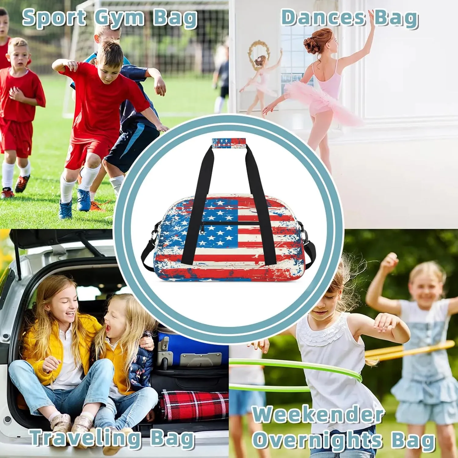 American Flag 4 Of July Small Gym Bag 18 inch Carry On Duffel Bag for Weekender Travel Sports Workout Yoga Gymnastics Dance Ballet