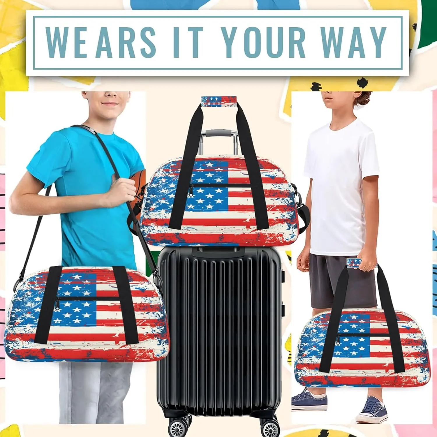 American Flag 4 Of July Small Gym Bag 18 inch Carry On Duffel Bag for Weekender Travel Sports Workout Yoga Gymnastics Dance Ballet