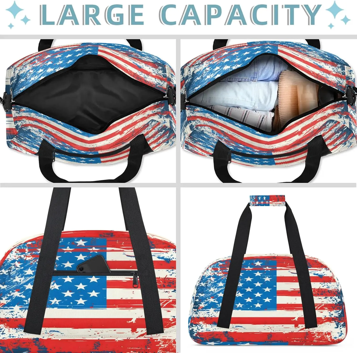 American Flag 4 Of July Small Gym Bag 18 inch Carry On Duffel Bag for Weekender Travel Sports Workout Yoga Gymnastics Dance Ballet