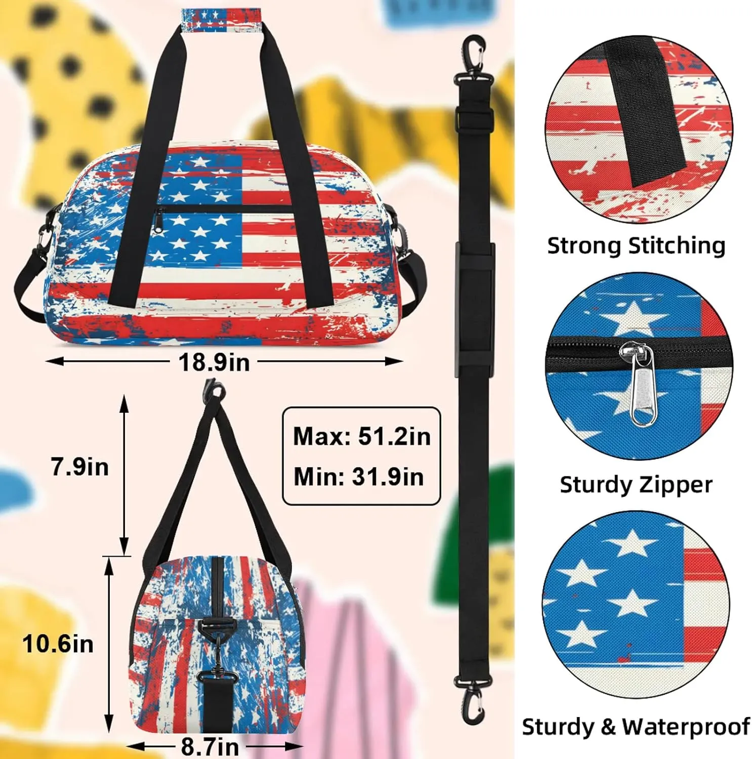 American Flag 4 Of July Small Gym Bag 18 inch Carry On Duffel Bag for Weekender Travel Sports Workout Yoga Gymnastics Dance Ballet