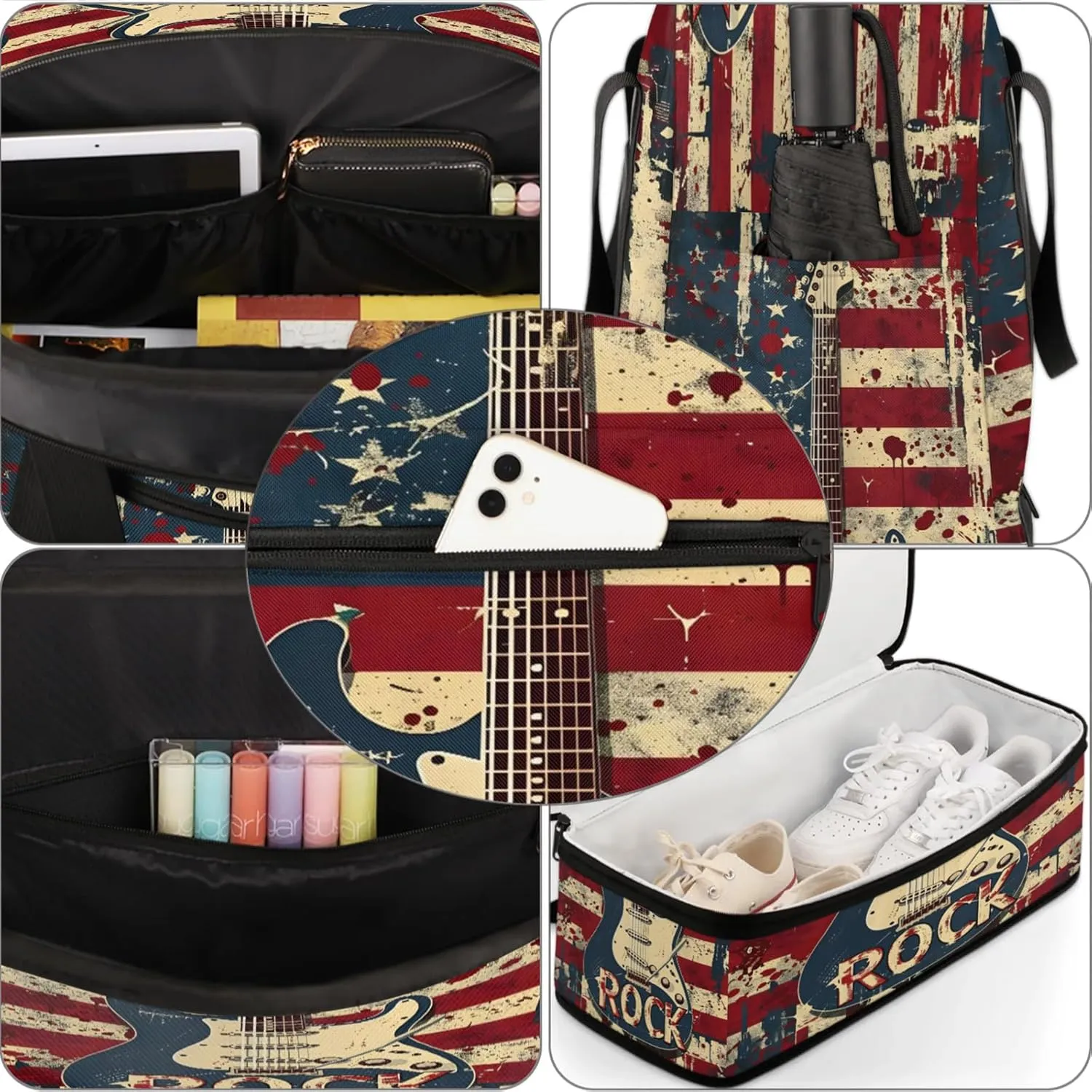 American Flag Abstract Rock Travel Duffel Bags for Women & Men Large Sports Gym Bags Foldie Weekender Overnight Bag Carry On Tote Bag With Shoe Compartment Personal Item Luggage for Travel Sports Gym