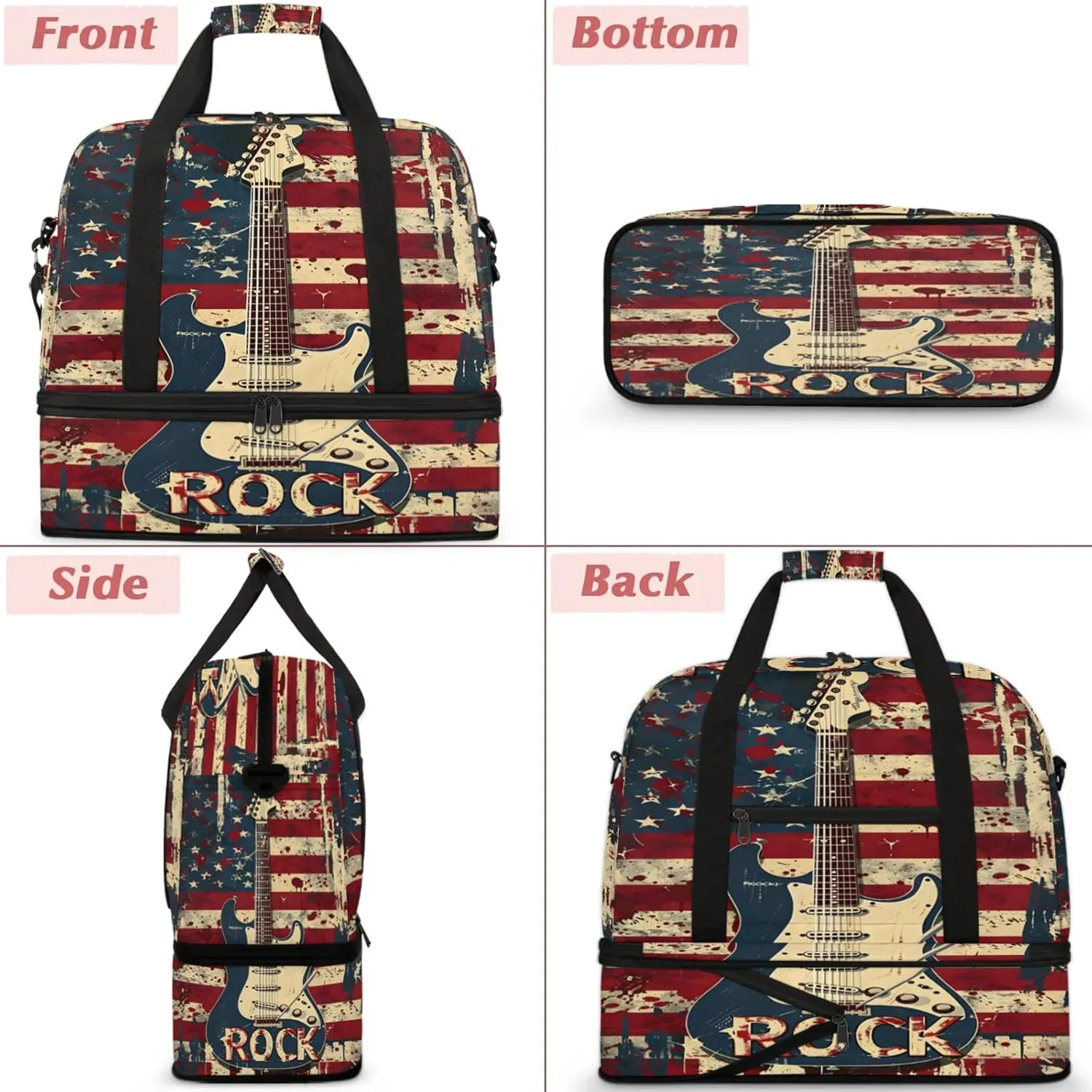 American Flag Abstract Rock Travel Duffel Bags for Women & Men Large Sports Gym Bags Foldie Weekender Overnight Bag Carry On Tote Bag With Shoe Compartment Personal Item Luggage for Travel Sports Gym