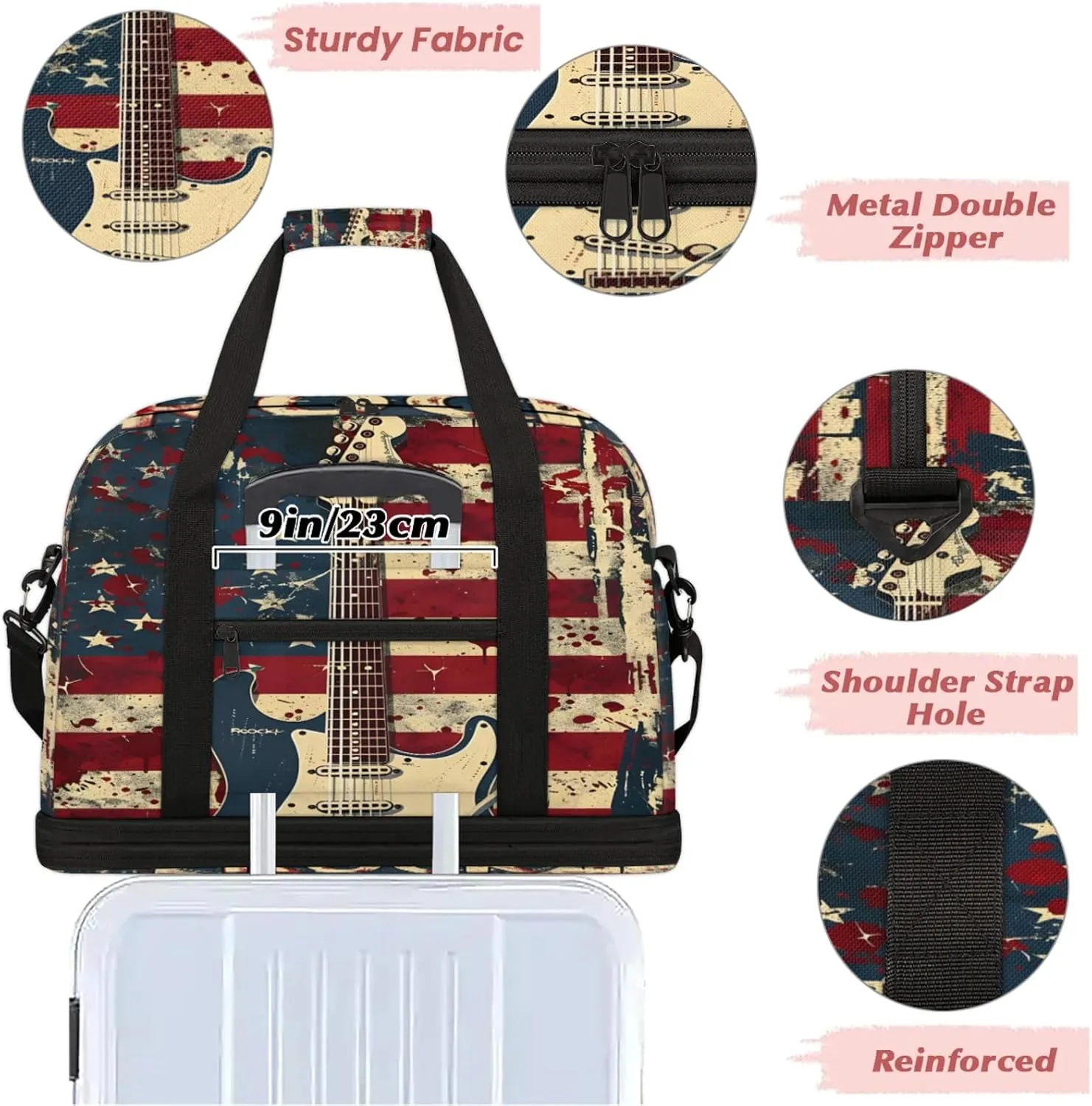 American Flag Abstract Rock Travel Duffel Bags for Women & Men Large Sports Gym Bags Foldie Weekender Overnight Bag Carry On Tote Bag With Shoe Compartment Personal Item Luggage for Travel Sports Gym