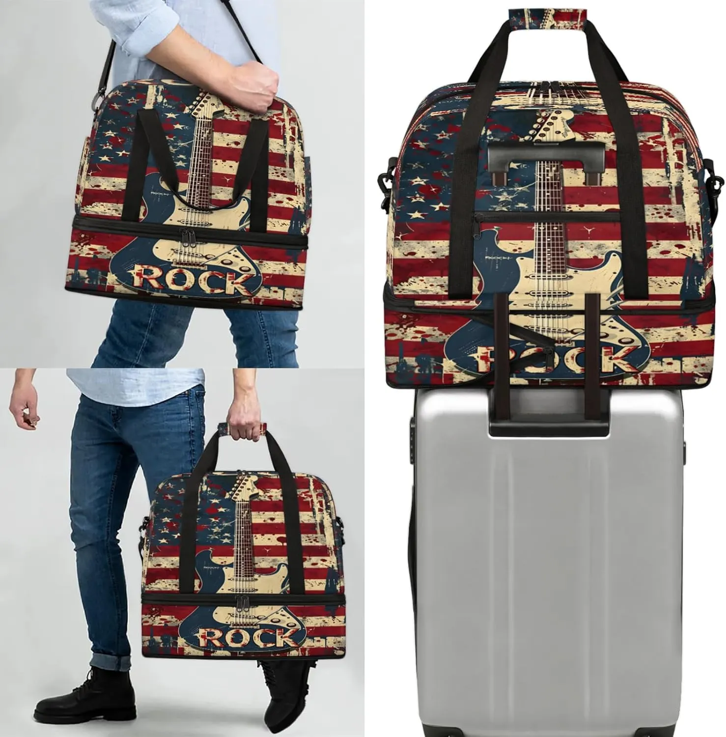 American Flag Abstract Rock Travel Duffel Bags for Women & Men Large Sports Gym Bags Foldie Weekender Overnight Bag Carry On Tote Bag With Shoe Compartment Personal Item Luggage for Travel Sports Gym