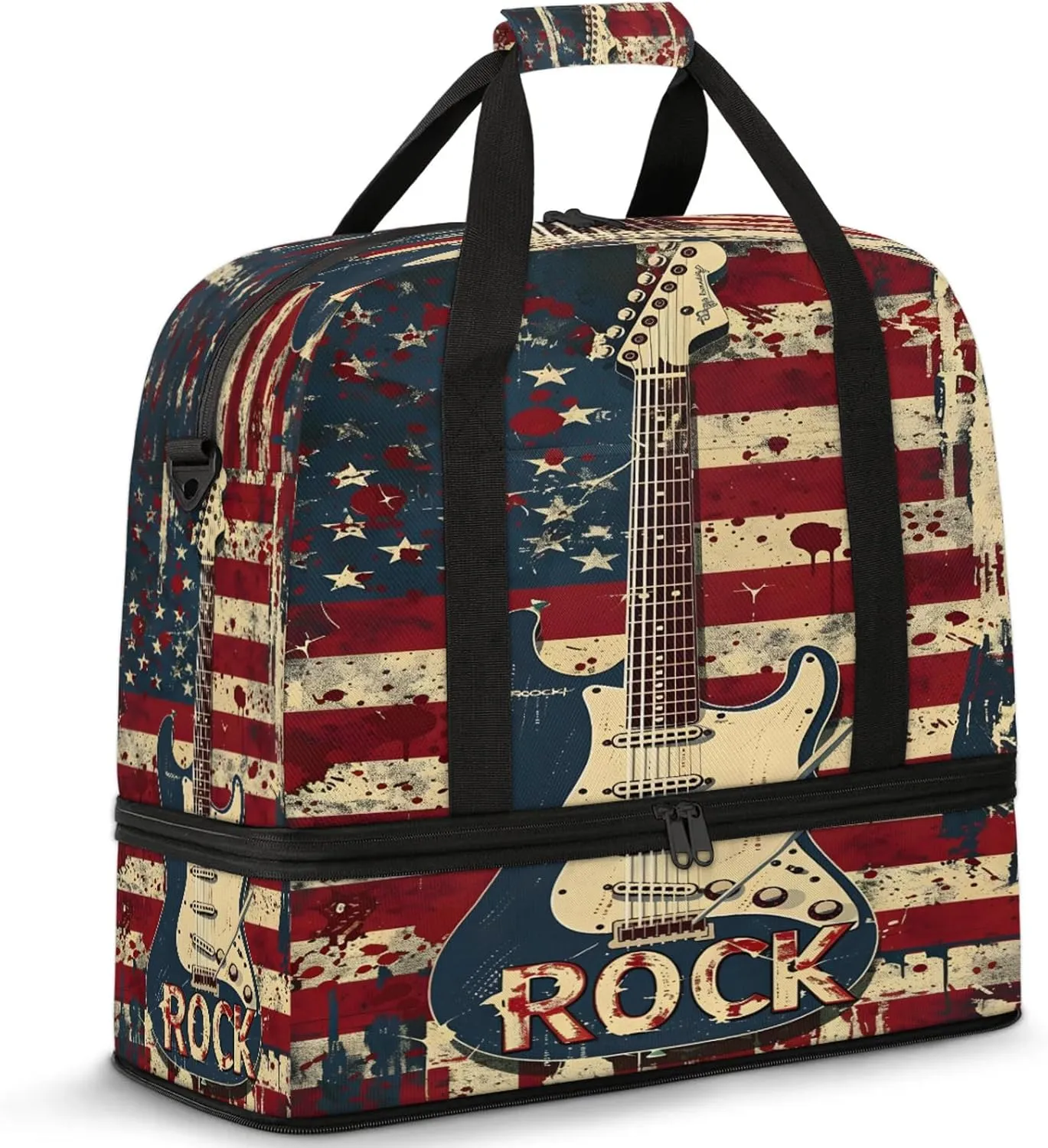American Flag Abstract Rock Travel Duffel Bags for Women & Men Large Sports Gym Bags Foldie Weekender Overnight Bag Carry On Tote Bag With Shoe Compartment Personal Item Luggage for Travel Sports Gym