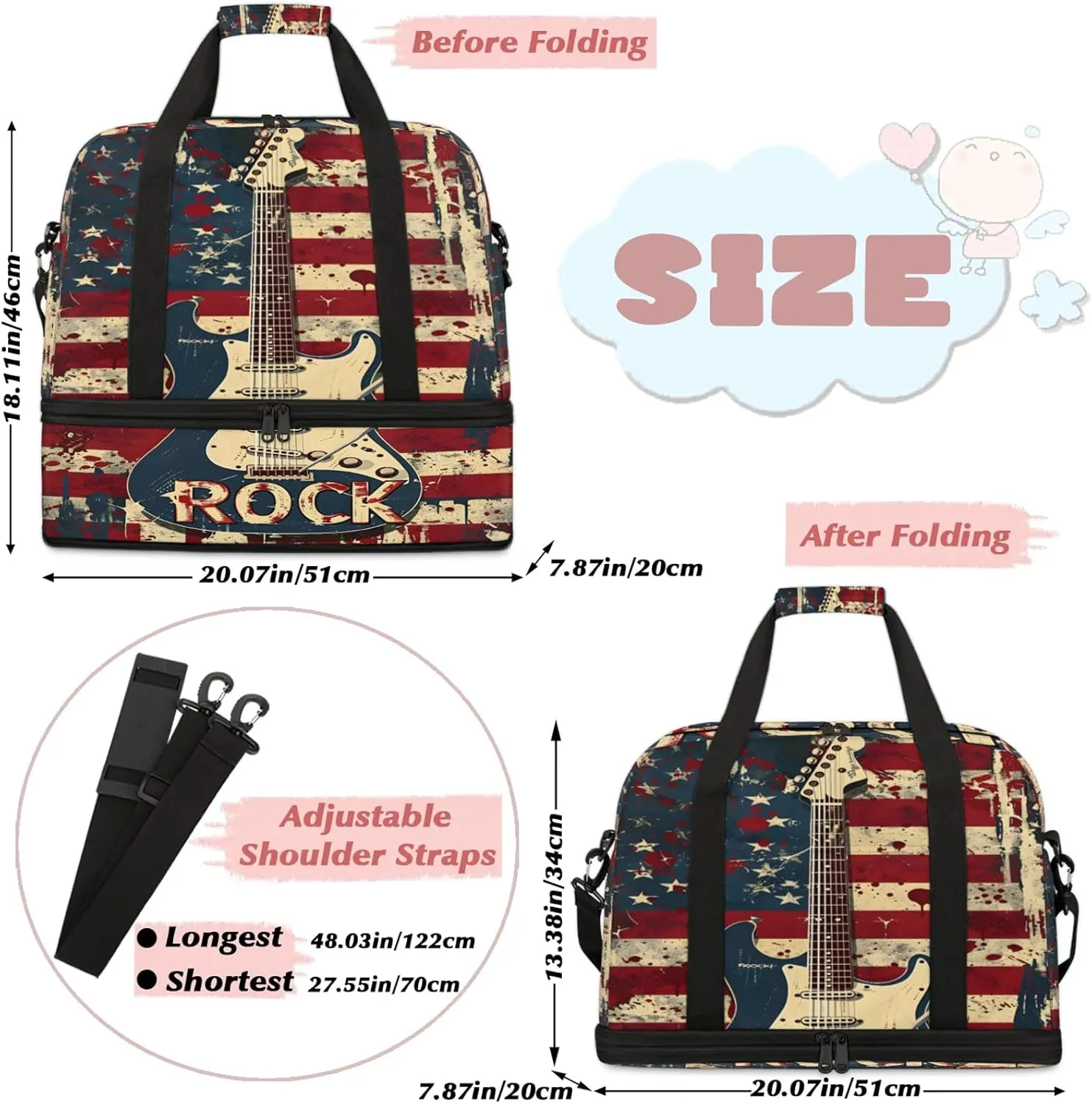 American Flag Abstract Rock Travel Duffel Bags for Women & Men Large Sports Gym Bags Foldie Weekender Overnight Bag Carry On Tote Bag With Shoe Compartment Personal Item Luggage for Travel Sports Gym