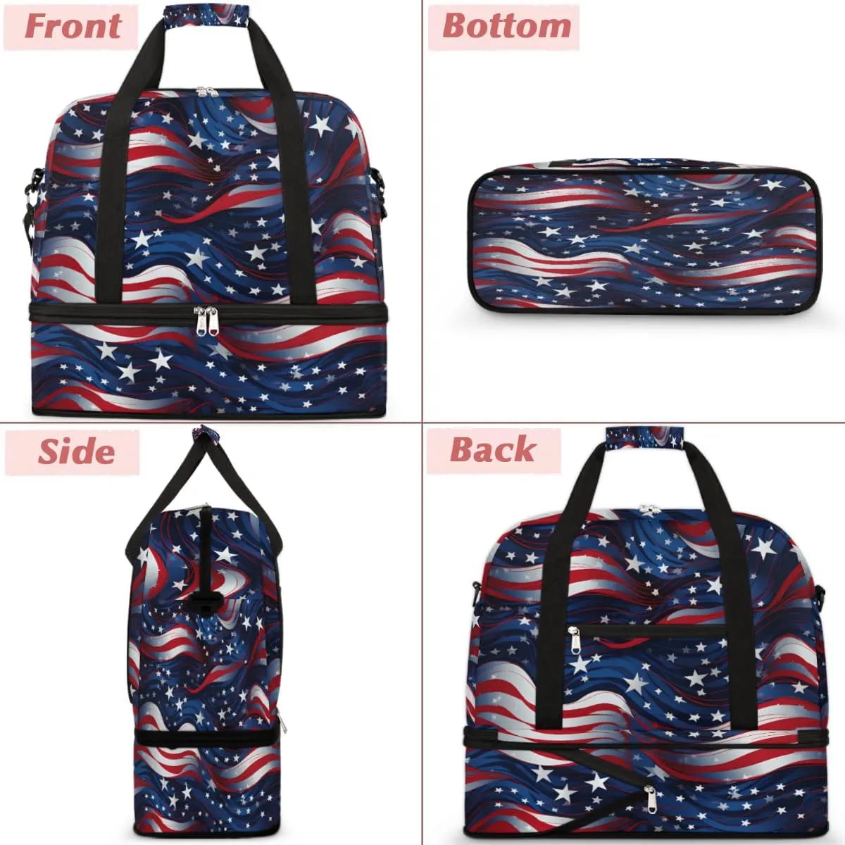 American Flag Stars Blue Red Stripe Foldable Duffle Bag with Shoes Compartment Large Capacity Waterproof Travel Weekender Bag Overnight Bag for Sports Gym