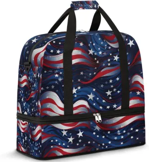 American Flag Stars Blue Red Stripe Foldable Duffle Bag with Shoes Compartment Large Capacity Waterproof Travel Weekender Bag Overnight Bag for Sports Gym