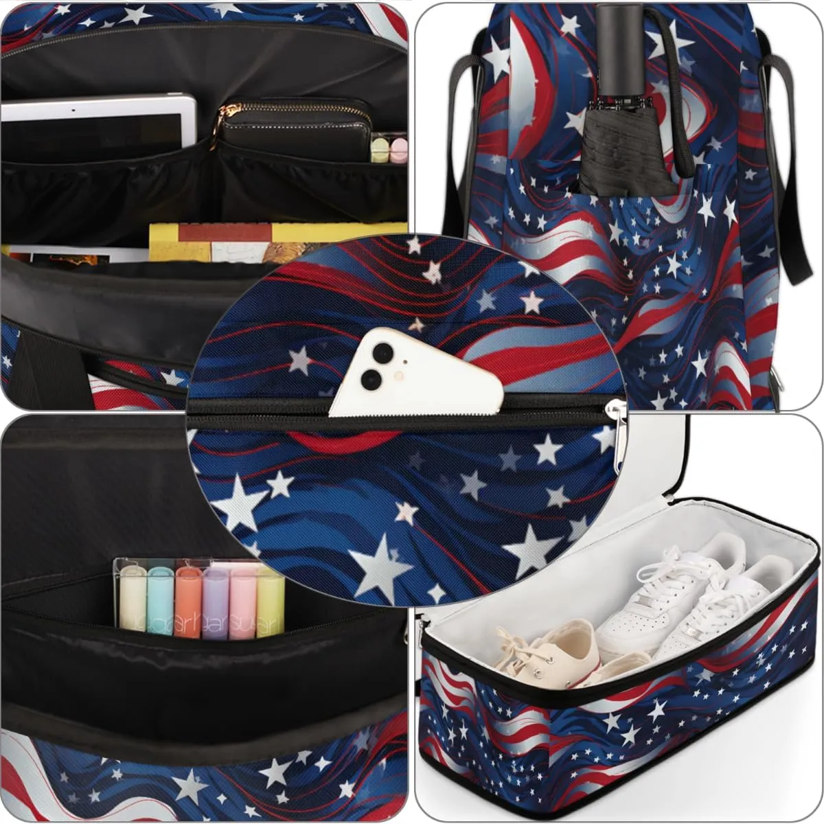 American Flag Stars Blue Red Stripe Foldable Duffle Bag with Shoes Compartment Large Capacity Waterproof Travel Weekender Bag Overnight Bag for Sports Gym
