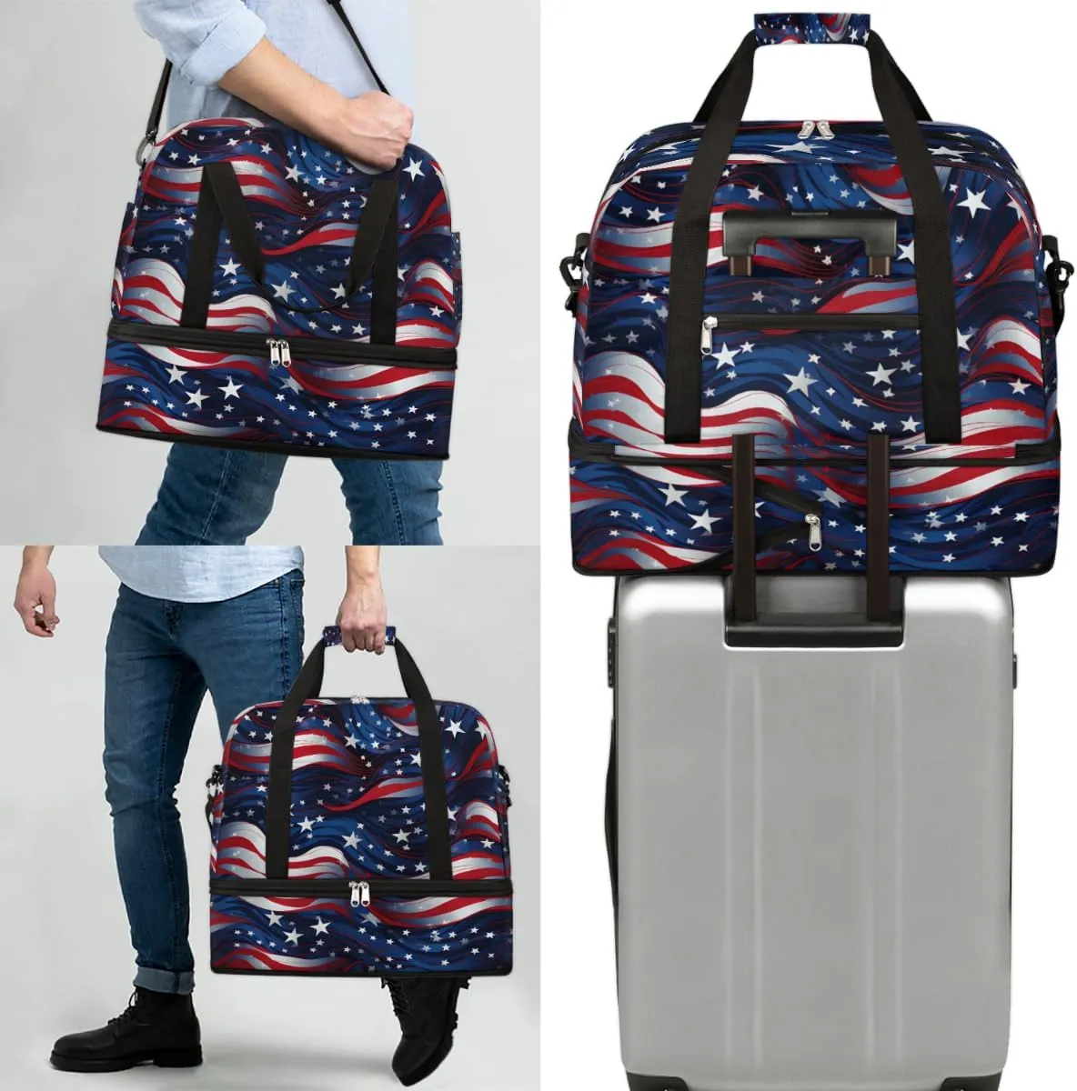American Flag Stars Blue Red Stripe Foldable Duffle Bag with Shoes Compartment Large Capacity Waterproof Travel Weekender Bag Overnight Bag for Sports Gym