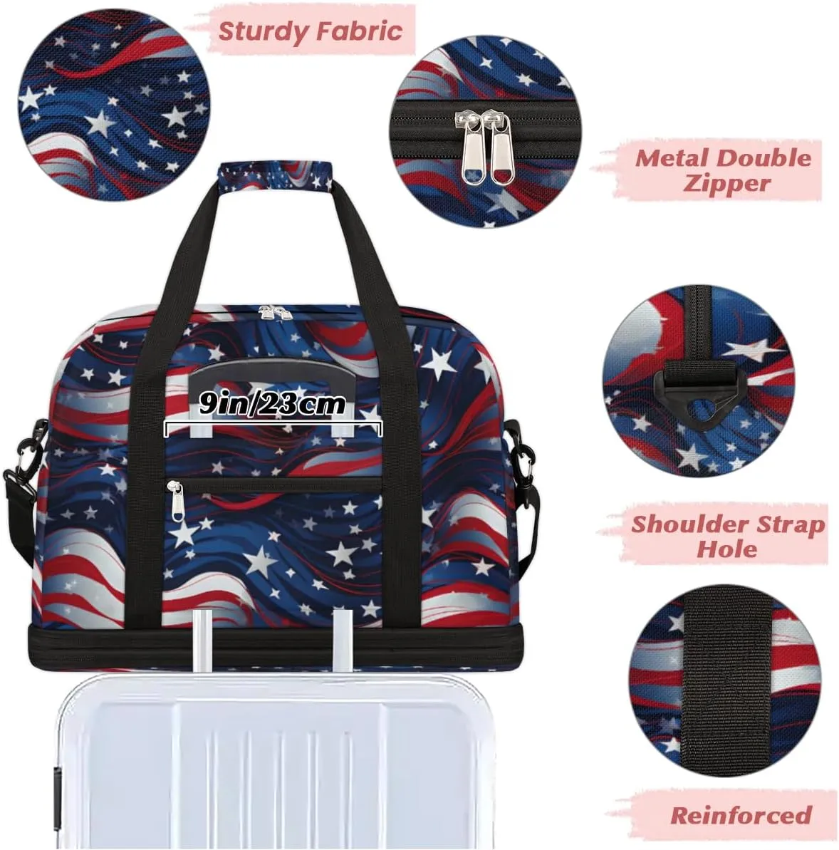 American Flag Stars Blue Red Stripe Foldable Duffle Bag with Shoes Compartment Large Capacity Waterproof Travel Weekender Bag Overnight Bag for Sports Gym