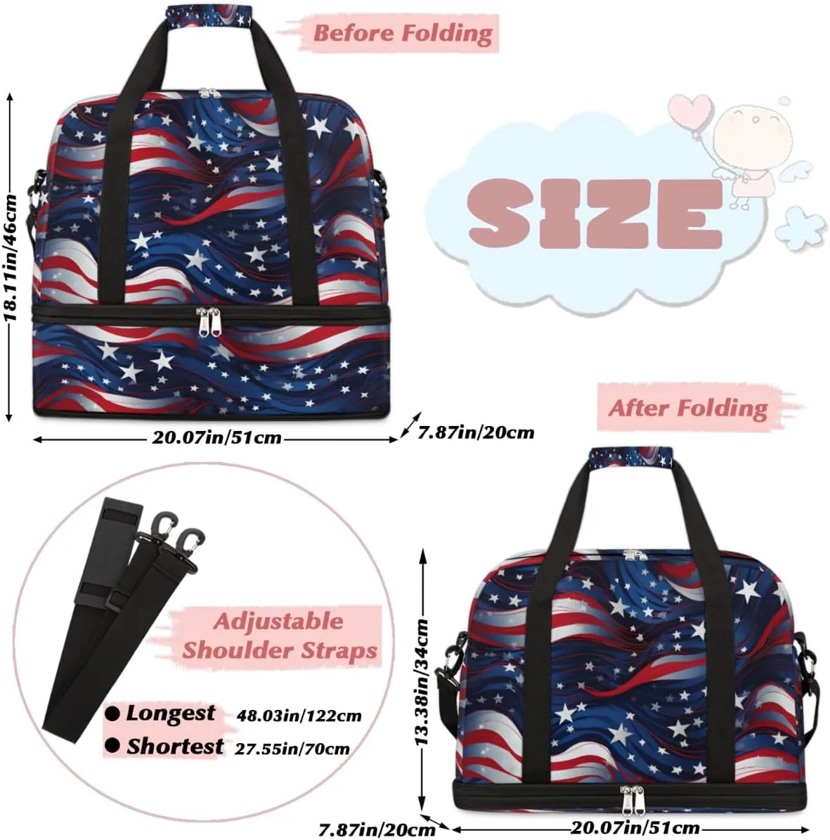 American Flag Stars Blue Red Stripe Foldable Duffle Bag with Shoes Compartment Large Capacity Waterproof Travel Weekender Bag Overnight Bag for Sports Gym