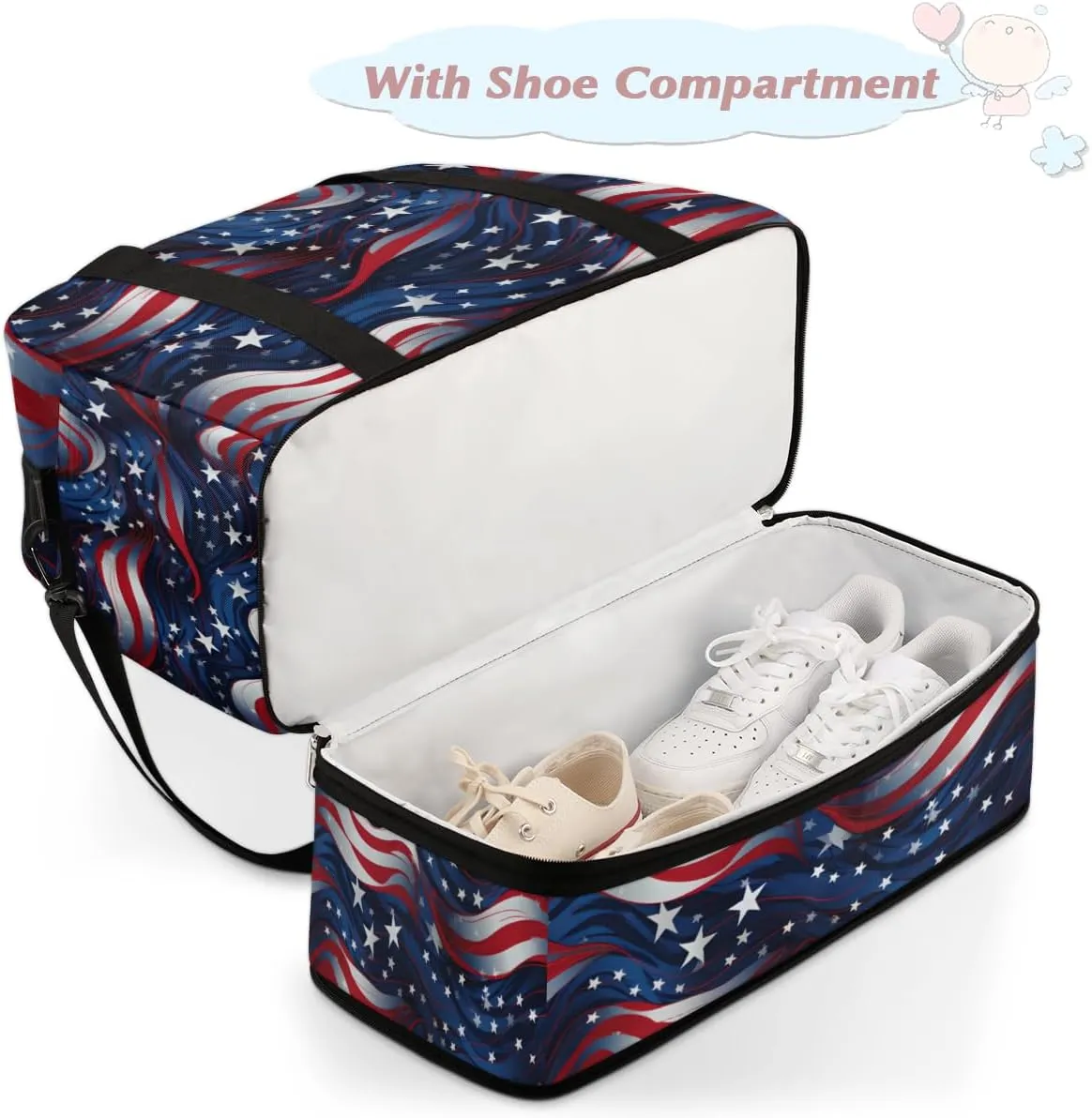 American Flag Stars Blue Red Stripe Foldable Duffle Bag with Shoes Compartment Large Capacity Waterproof Travel Weekender Bag Overnight Bag for Sports Gym