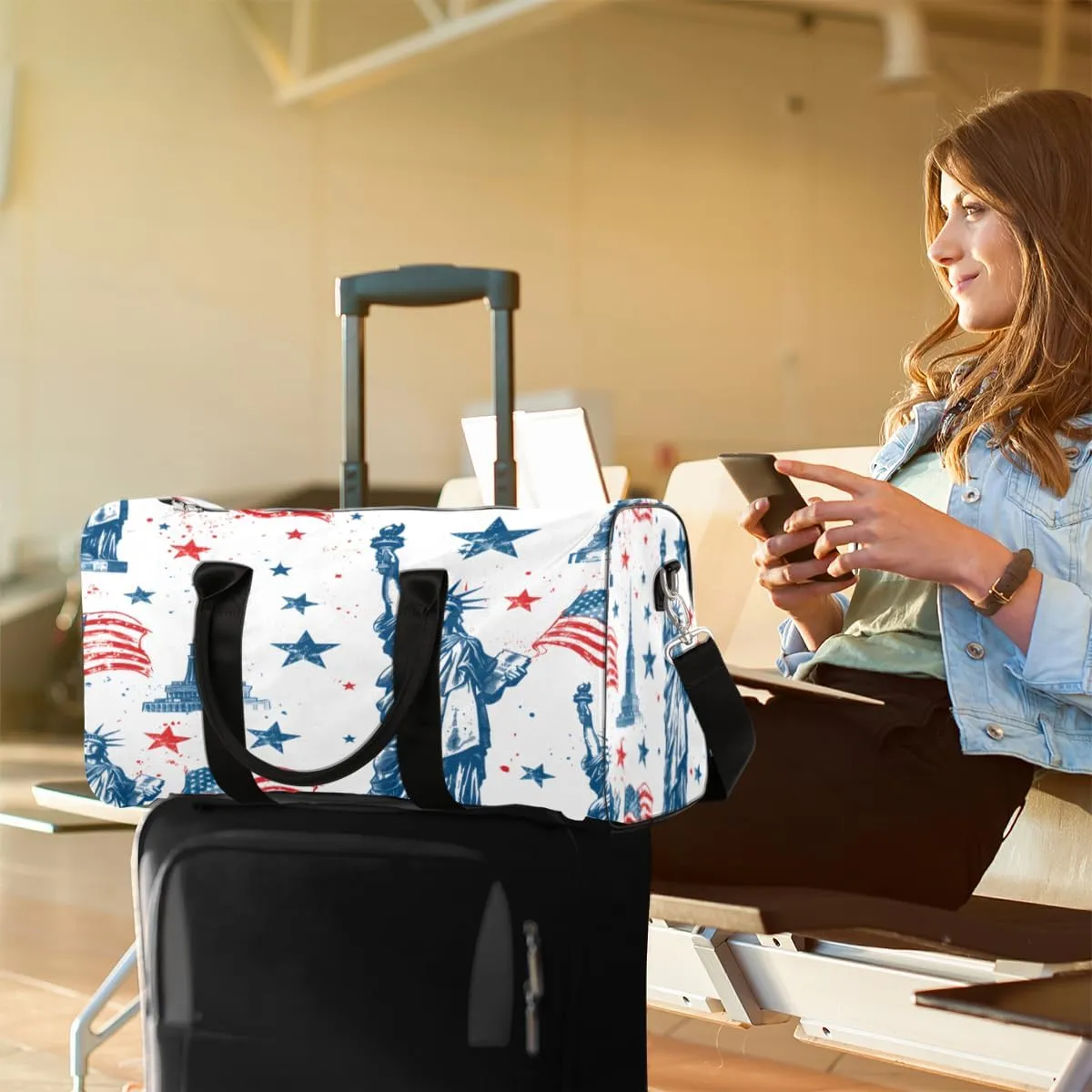 American Flag Travel Duffle Bag, Sports Gym Bags for Women Men, Carry On Weekender Overnight Bag, Statue of Liberty Workout Hospital Airplane Trips Bag