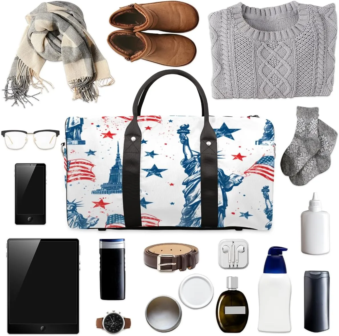 American Flag Travel Duffle Bag, Sports Gym Bags for Women Men, Carry On Weekender Overnight Bag, Statue of Liberty Workout Hospital Airplane Trips Bag