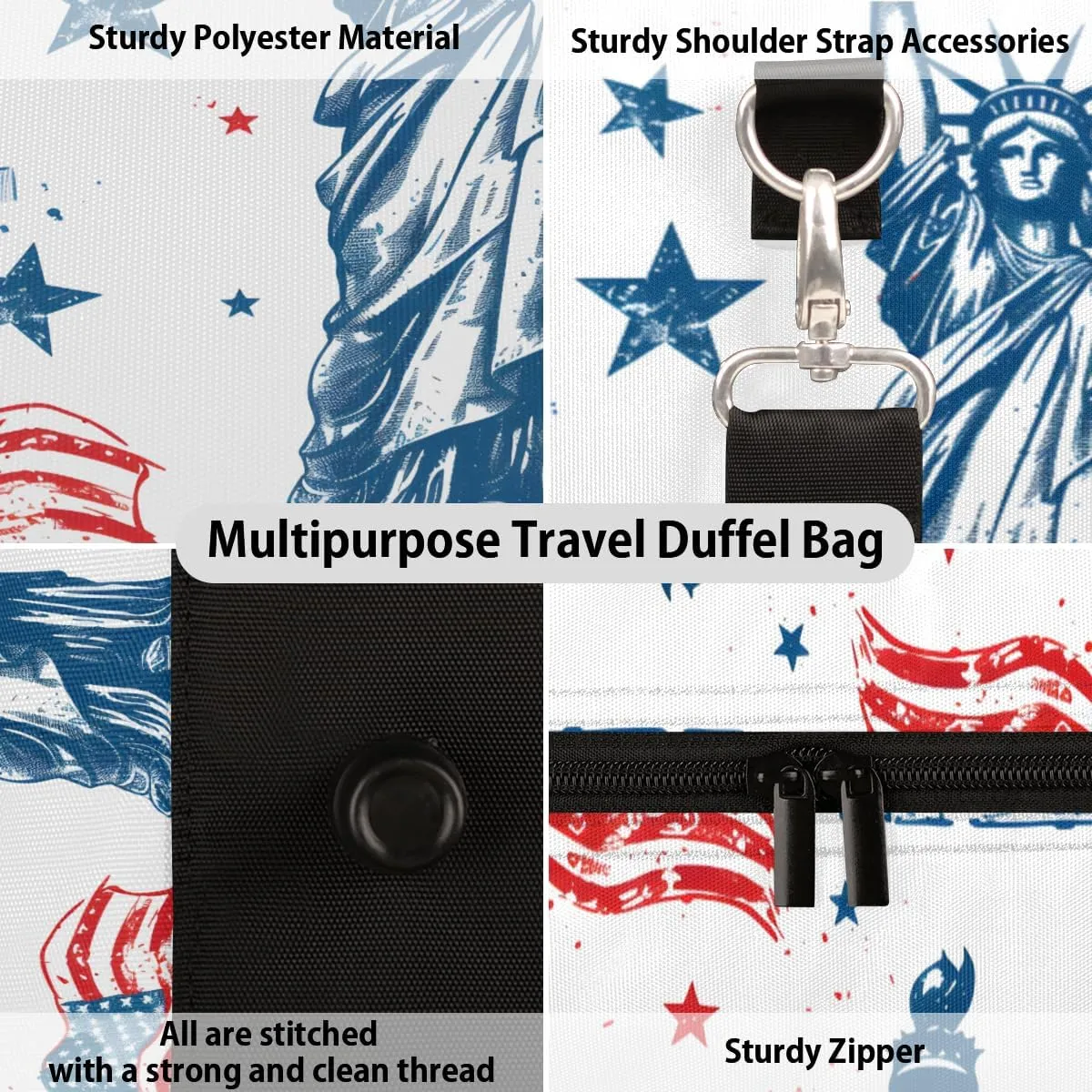 American Flag Travel Duffle Bag, Sports Gym Bags for Women Men, Carry On Weekender Overnight Bag, Statue of Liberty Workout Hospital Airplane Trips Bag