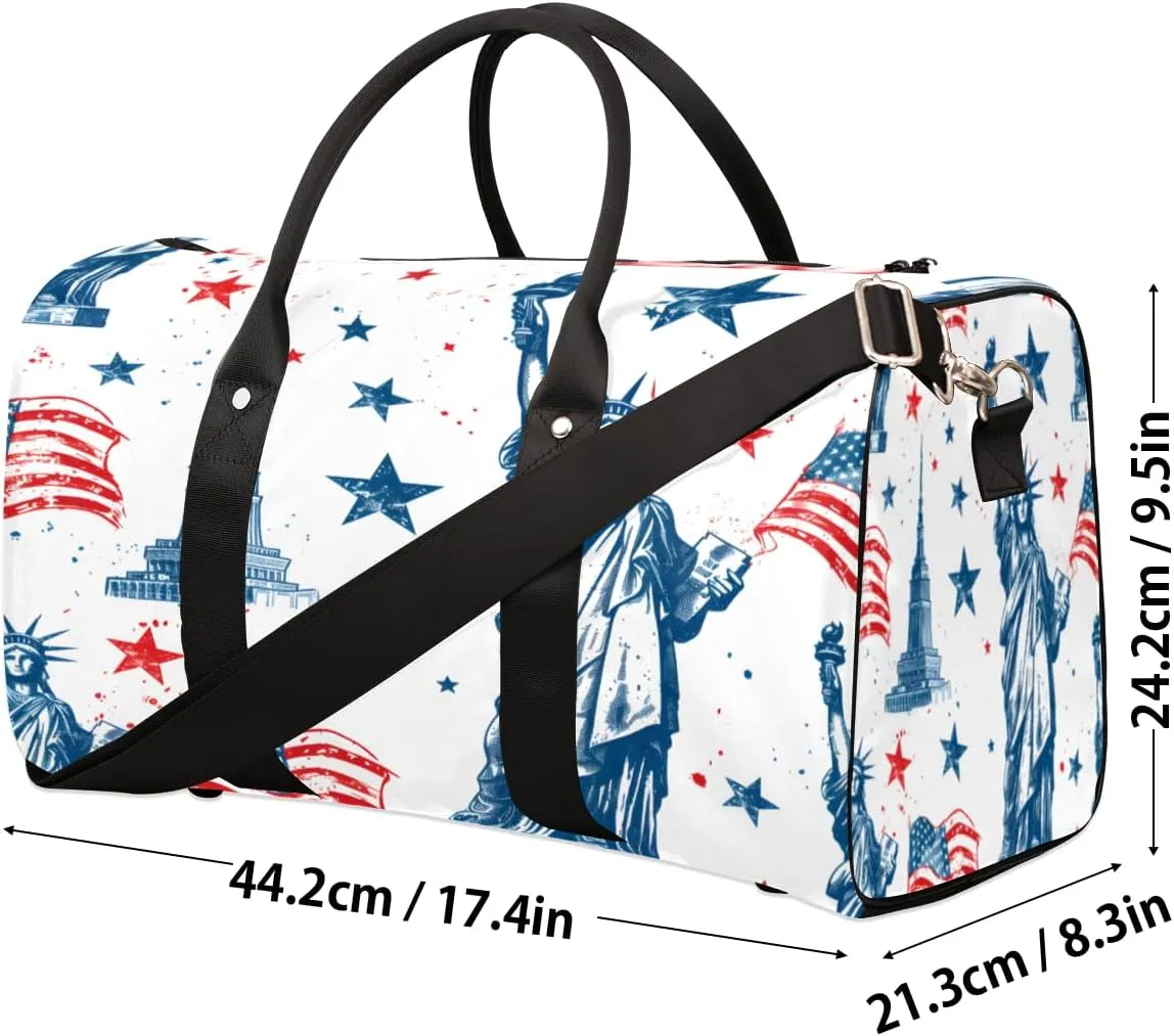 American Flag Travel Duffle Bag, Sports Gym Bags for Women Men, Carry On Weekender Overnight Bag, Statue of Liberty Workout Hospital Airplane Trips Bag