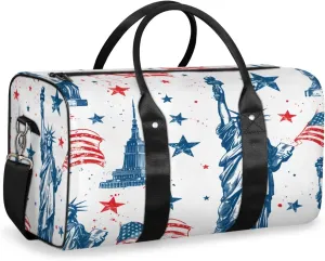 American Flag Travel Duffle Bag, Sports Gym Bags for Women Men, Carry On Weekender Overnight Bag, Statue of Liberty Workout Hospital Airplane Trips Bag