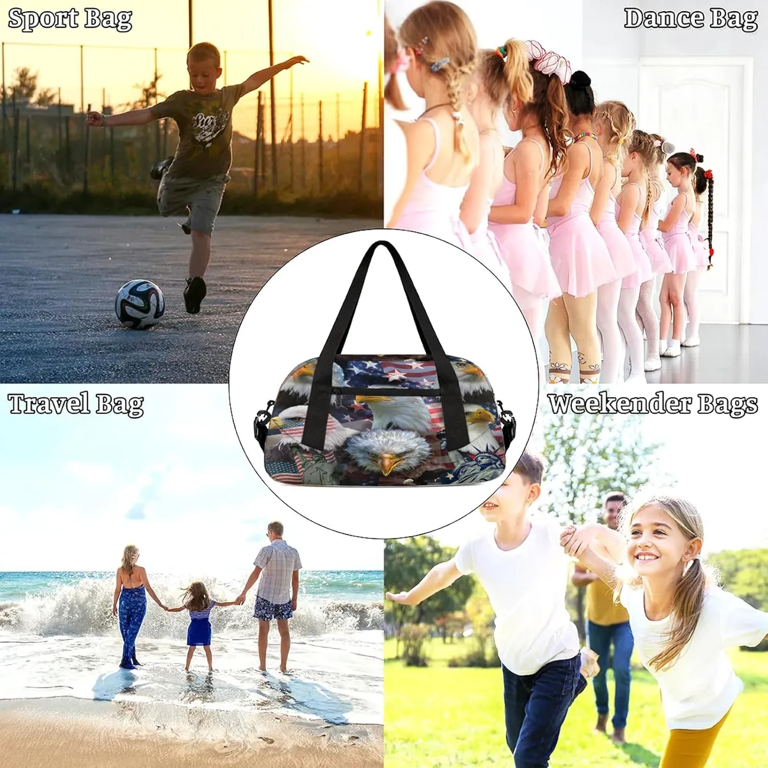 American Patriotic Eagles Kids Duffel Bag Lightweight Waterproof Sports Gym Bag with Front Zipper Pocket Foldable Weekender Overnight Bag for School Practice Gymnastic Ballet