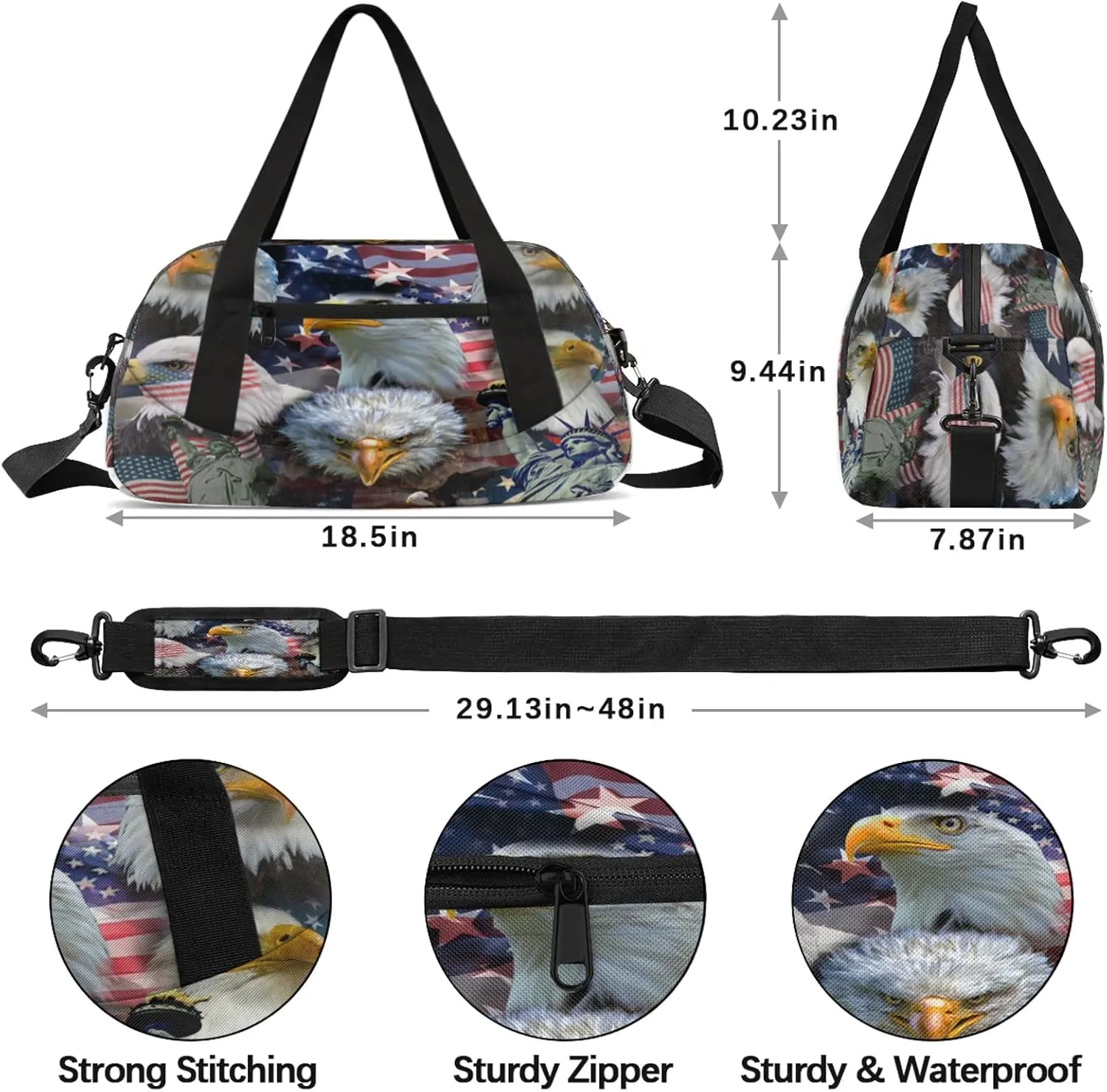 American Patriotic Eagles Kids Duffel Bag Lightweight Waterproof Sports Gym Bag with Front Zipper Pocket Foldable Weekender Overnight Bag for School Practice Gymnastic Ballet