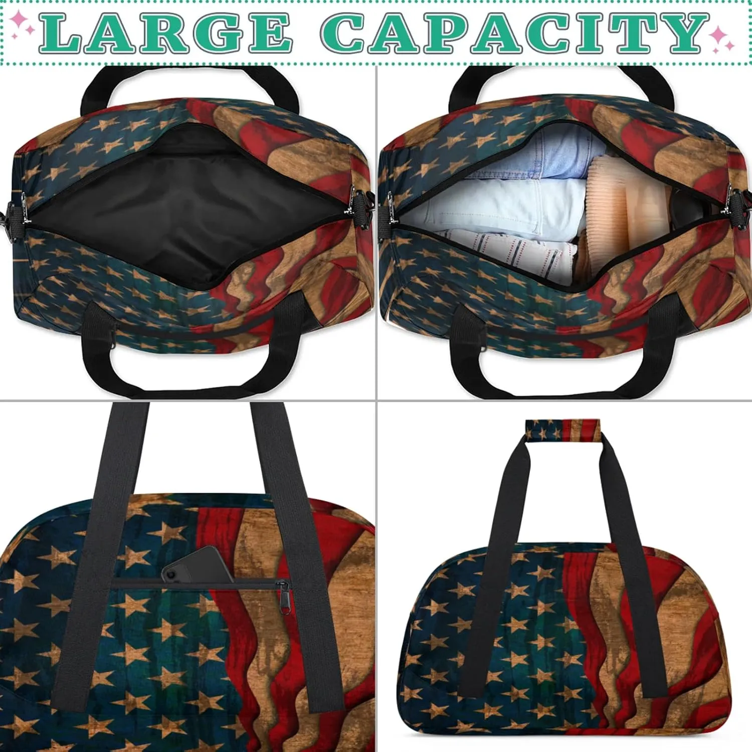 American USA Flag Vintage Small Gym Bag for Women Men, Travel Duffle Bag Workout Dance Tote Bag Carry On Overnight Weekender Bag