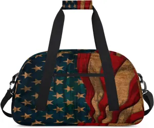 American USA Flag Vintage Small Gym Bag for Women Men, Travel Duffle Bag Workout Dance Tote Bag Carry On Overnight Weekender Bag